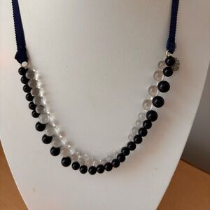 Crew Cuts tie necklace/ navy blue/ clear rhinestone heart/ 24 in total in length